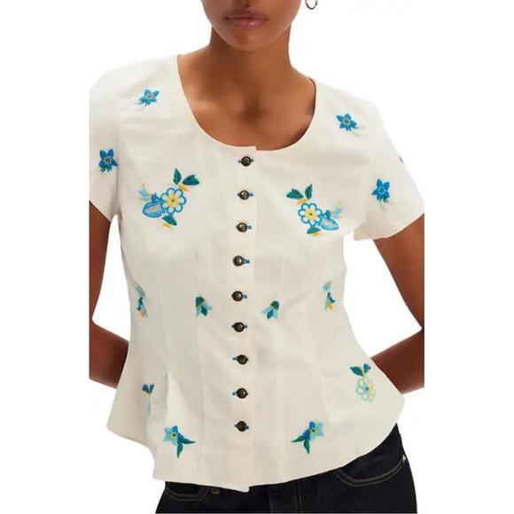 Free People Tops - NWT! Free People Kelly Floral Embroidered Cotton Peplum Top in Ivory Size XL